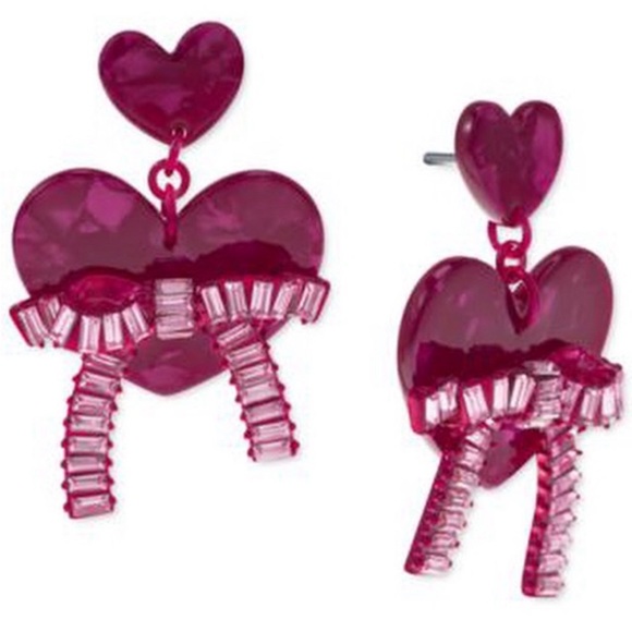 NWT INC Earrings Double Hearts in Dark Pink Acrylic w/ bow in pink baguettes - Picture 2 of 9